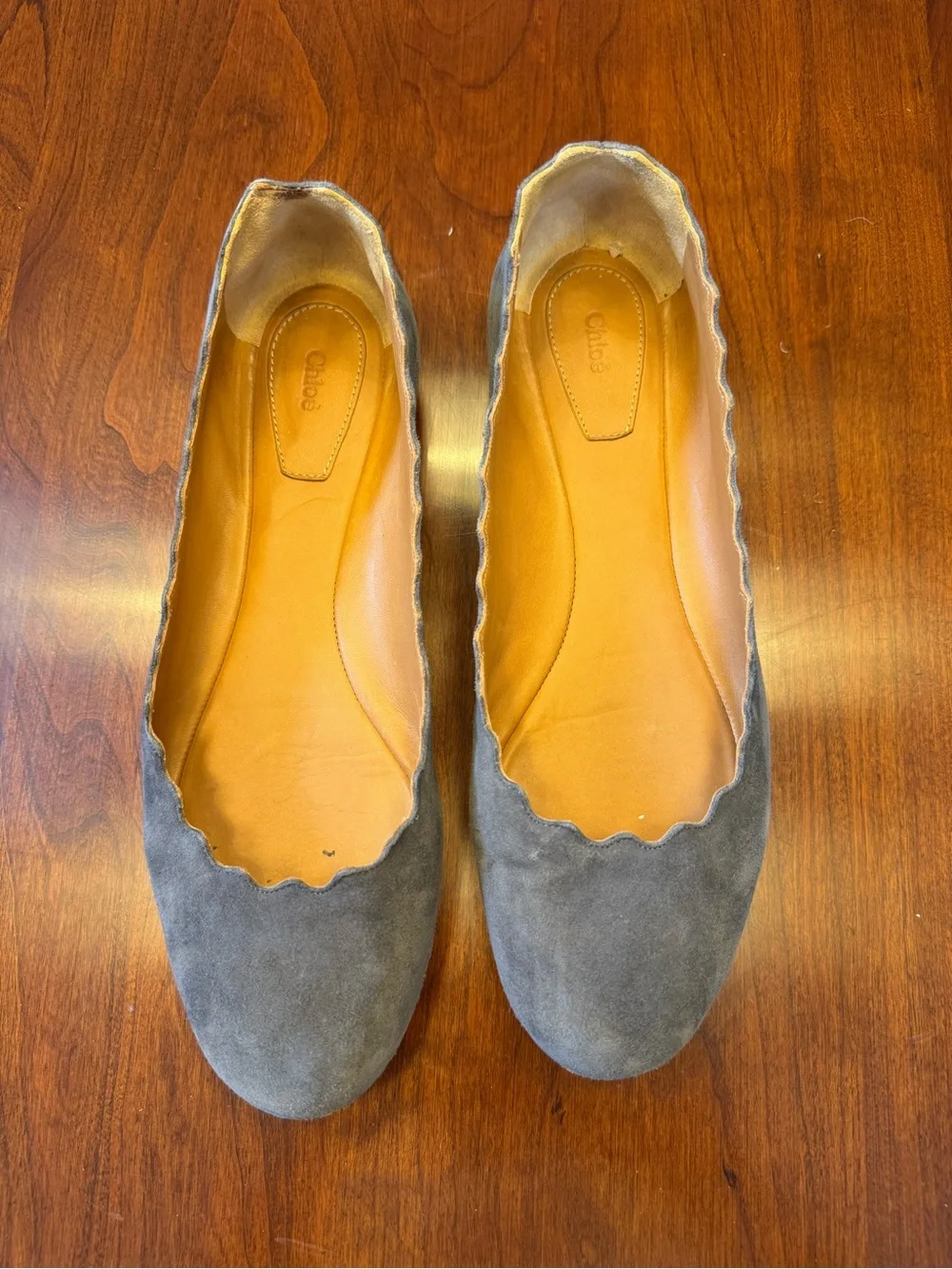 CHLOE Gray Suede Scalloped Ballet Flats
